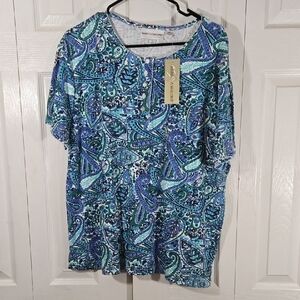 Rebecca Malone Blue and Green Paisley Short Sleeve Top